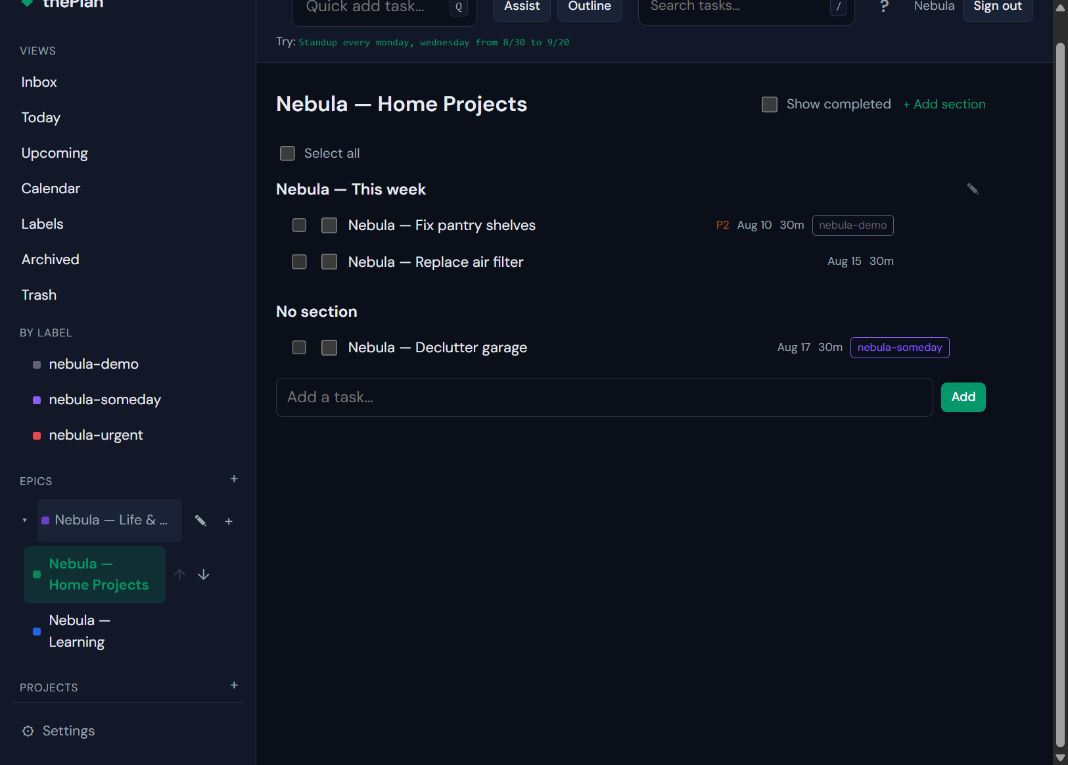 thePlan project view showing an epic, projects, sections, tasks, priorities, dates, durations, and labels