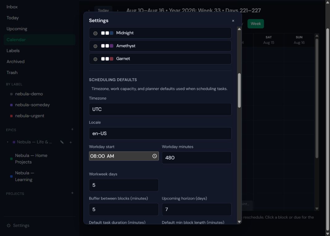 thePlan scheduling defaults for timezone, capacity, workweek, buffer, and planning horizon
